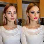 Nő portréja smink előtt és után, fehér felsőben, természetes fényben